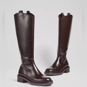 LK BENNETT Lauren Brown Polished Leather Flat Riding Boots